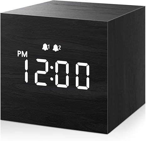 Digital Alarm Clock, with Wooden Electronic LED Time Display, Dual Alarm, 2.5-inch Cubic Small Mini Wood Made Electric Clocks for Bedroom, Bedside, Desk, Black