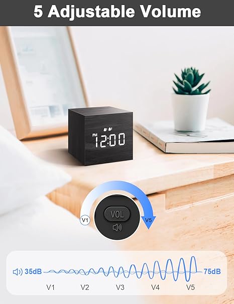Digital Alarm Clock, with Wooden Electronic LED Time Display, Dual Alarm, 2.5-inch Cubic Small Mini Wood Made Electric Clocks for Bedroom, Bedside, Desk, Black