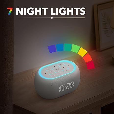 White Noise Sound Machine Alarm Clock with Bluetooth Speaker, 21 Relaxing Sounds, 7 Night Lights,0-100% Dimmer/Sleep Timer/30-Level Volume Control,Sound Machine for Kids Adults Sleeping,Bedroom