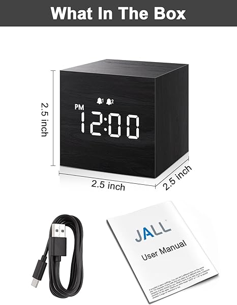 Digital Alarm Clock, with Wooden Electronic LED Time Display, Dual Alarm, 2.5-inch Cubic Small Mini Wood Made Electric Clocks for Bedroom, Bedside, Desk, Black