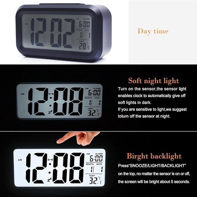 Alarm Clocks for Bedrooms,Digital Alarm Clock with LCD Screen,Snooze,12/24H,Battery Operated for Heavy Sleepers Adults Desk Travel Office (Black)