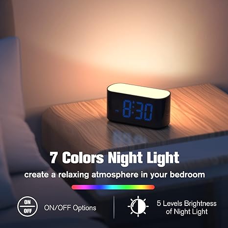 Digital Alarm Clock for Bedrooms - Large Display Easy to Read Across The Room, 7 Larger Color Night Light, Dual Alarm, Dimmer, True Battery Backup, Adjustable Volume（Blue）