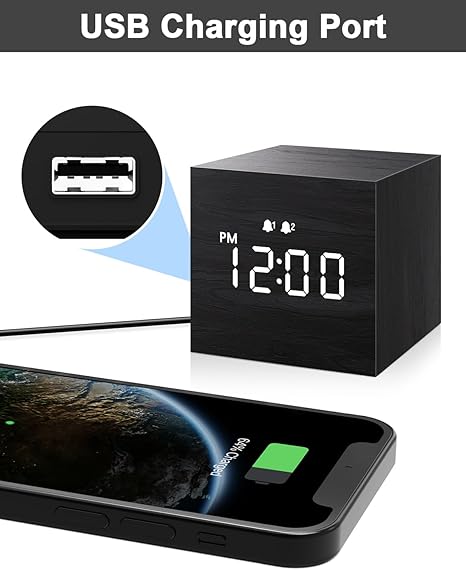 Digital Alarm Clock, with Wooden Electronic LED Time Display, Dual Alarm, 2.5-inch Cubic Small Mini Wood Made Electric Clocks for Bedroom, Bedside, Desk, Black