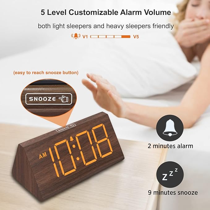 Wooden Digital Alarm Clocks for Bedrooms - Electric Desk Clock with Large Numbers, USB Port, Loud Alarm for Heavy Sleepers, Adjustable Volume, Dimmer, Snooze, DST, Wood Décor, Adapter Powered