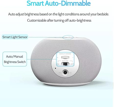 Auto-Dimmable Sound Machine Alarm Clock with Night Light, 20 Soothing Sounds, LED Digital Display, Sleep Timer, Precise Volume Control, White Noise Soother for Baby, Adults, Bedrooms