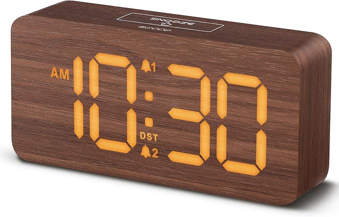 Wooden Digital Alarm Clocks for Bedrooms: Dimmable Dual Alarm Clock with Large Numbers for Bedside Desk - Loud Alarm for Heavy Sleepers with Volume Control - Wood Decor & Gifts