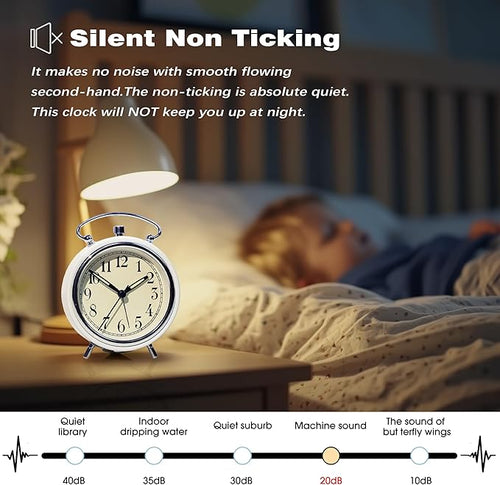 4" Super Loud Alarm Clock for Heavy Sleepers, Desk Clock with Built-in Metal Bell, Silent Analog Table Clock with Night Light for Bedroom, Bedside, Office, Kitchen (Bright White)