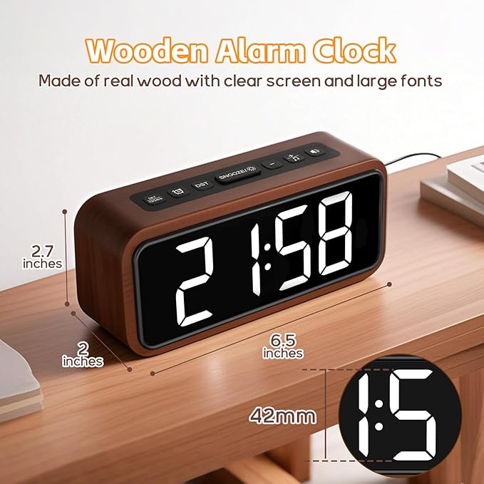 Wooden Alarm Clock, Loud Digital Plug-in Clock with 5 Volumes, 12 Ringtones, Manual DST, Snooze for Heavy Sleepers Bedroom Bedside Living Room Office Wood Decor