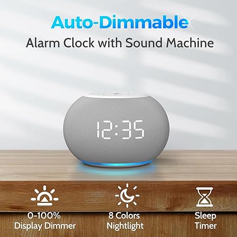 Auto-Dimmable Sound Machine Alarm Clock with Night Light, 20 Soothing Sounds, LED Digital Display, Sleep Timer, Precise Volume Control, White Noise Soother for Baby, Adults, Bedrooms