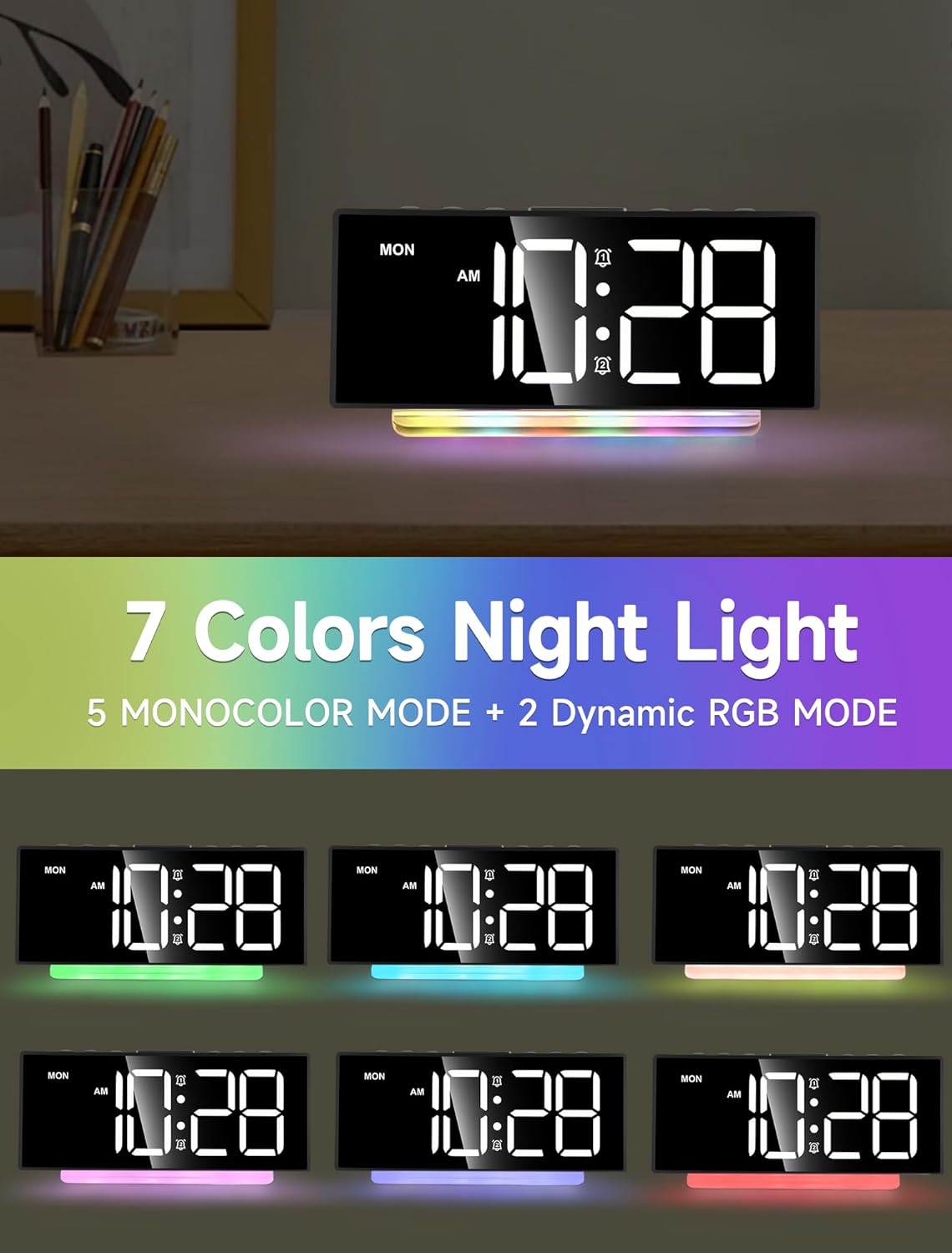 Extra Loud Alarm Clock for Heavy Sleepers Adults,Teens,Kids,Rainbow Clock for Bedrooms,Small Bedside Digital Clock with Large Display,7 Color Night Light,12/24h(Black+Dynamic)