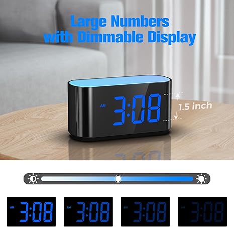 Digital Alarm Clock for Bedrooms - Large Display Easy to Read Across The Room, 7 Larger Color Night Light, Dual Alarm, Dimmer, True Battery Backup, Adjustable Volume（Blue）