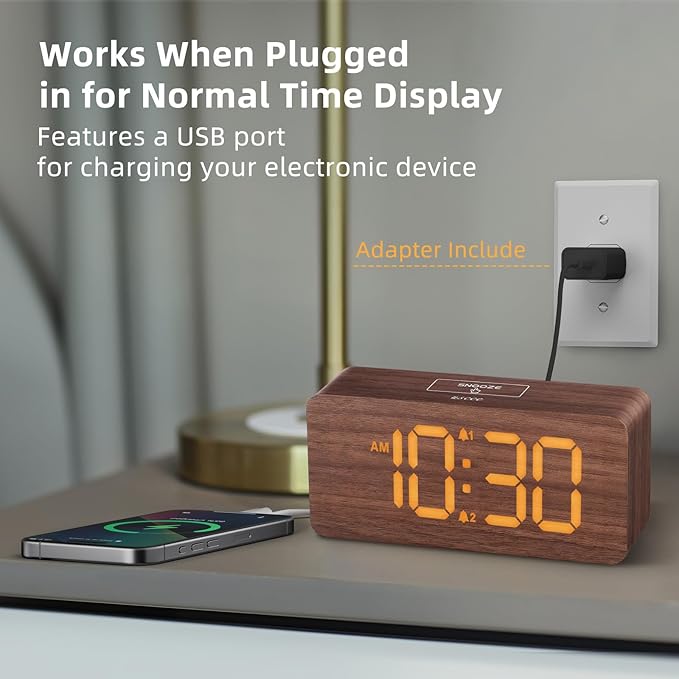 Wooden Digital Alarm Clocks for Bedrooms: Dimmable Dual Alarm Clock with Large Numbers for Bedside Desk - Loud Alarm for Heavy Sleepers with Volume Control - Wood Decor & Gifts