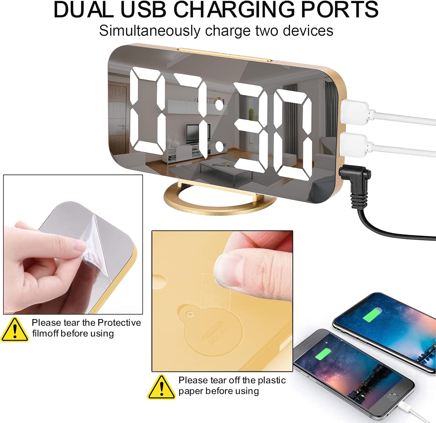 Digital Alarm Clock,LED and Mirror Desk Clock Large Display,with Dual USB Charger Ports,3 Levels Brightness,12/24H,Modern Electronic Clock for Bedroom Home Living Room Office - Gold