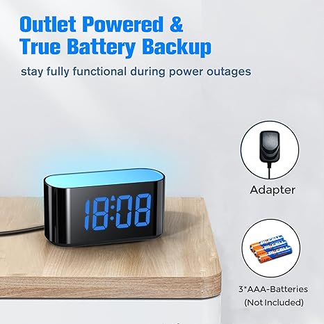 Digital Alarm Clock for Bedrooms - Large Display Easy to Read Across The Room, 7 Larger Color Night Light, Dual Alarm, Dimmer, True Battery Backup, Adjustable Volume（Blue）
