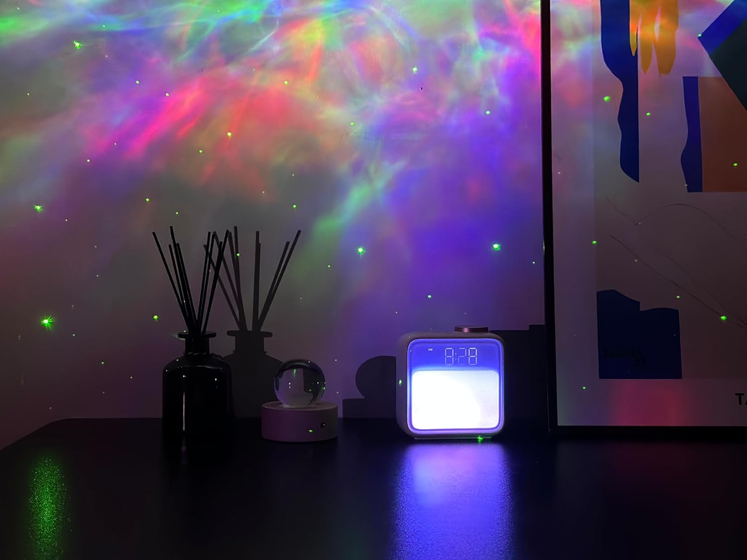 Alarm Clock Night Lights, Built-in Battery Alarm Clock for Bedrooms, 6 Scenes & White Noise Sync, Dual Alarms & Snooze, for Heavy Sleepers, Gifts for Kids Teens