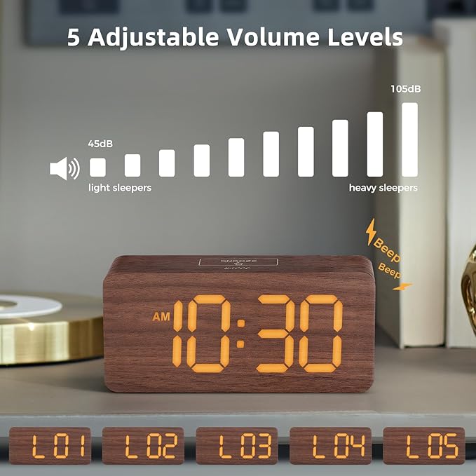 Wooden Digital Alarm Clocks for Bedrooms: Dimmable Dual Alarm Clock with Large Numbers for Bedside Desk - Loud Alarm for Heavy Sleepers with Volume Control - Wood Decor & Gifts