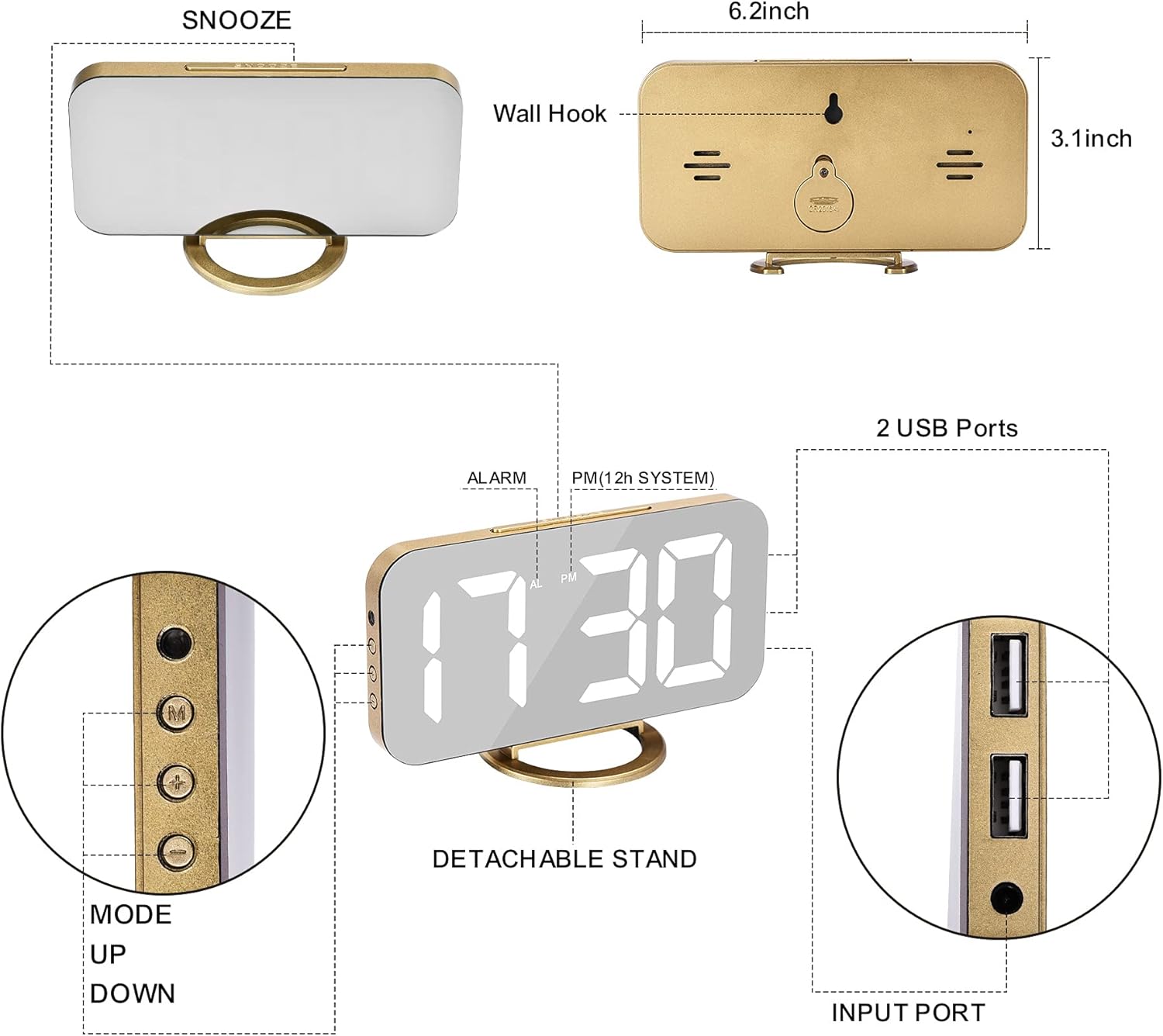 Digital Alarm Clock,LED and Mirror Desk Clock Large Display,with Dual USB Charger Ports,3 Levels Brightness,12/24H,Modern Electronic Clock for Bedroom Home Living Room Office - Gold