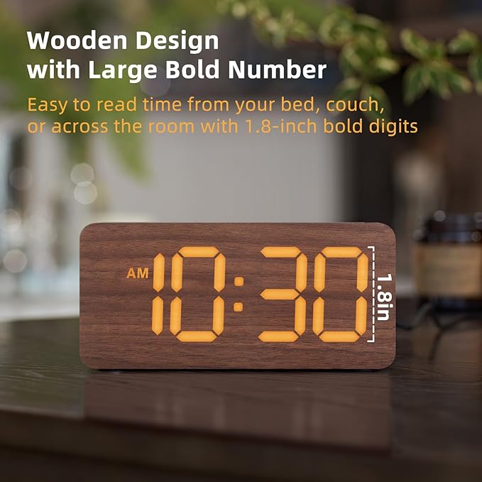 Wooden Digital Alarm Clocks for Bedrooms: Dimmable Dual Alarm Clock with Large Numbers for Bedside Desk - Loud Alarm for Heavy Sleepers with Volume Control - Wood Decor & Gifts
