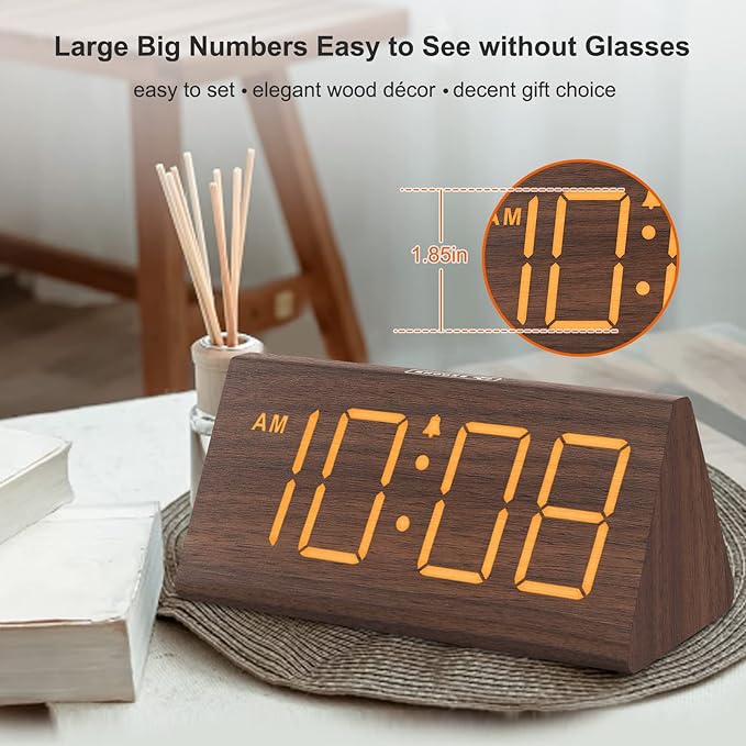 Wooden Digital Alarm Clocks for Bedrooms - Electric Desk Clock with Large Numbers, USB Port, Loud Alarm for Heavy Sleepers, Adjustable Volume, Dimmer, Snooze, DST, Wood Décor, Adapter Powered