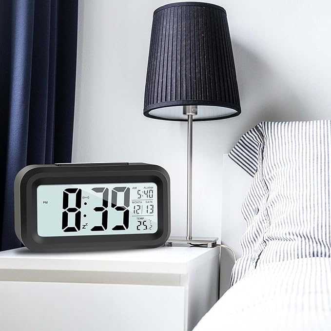 Alarm Clocks for Bedrooms,Digital Alarm Clock with LCD Screen,Snooze,12/24H,Battery Operated for Heavy Sleepers Adults Desk Travel Office (Black)