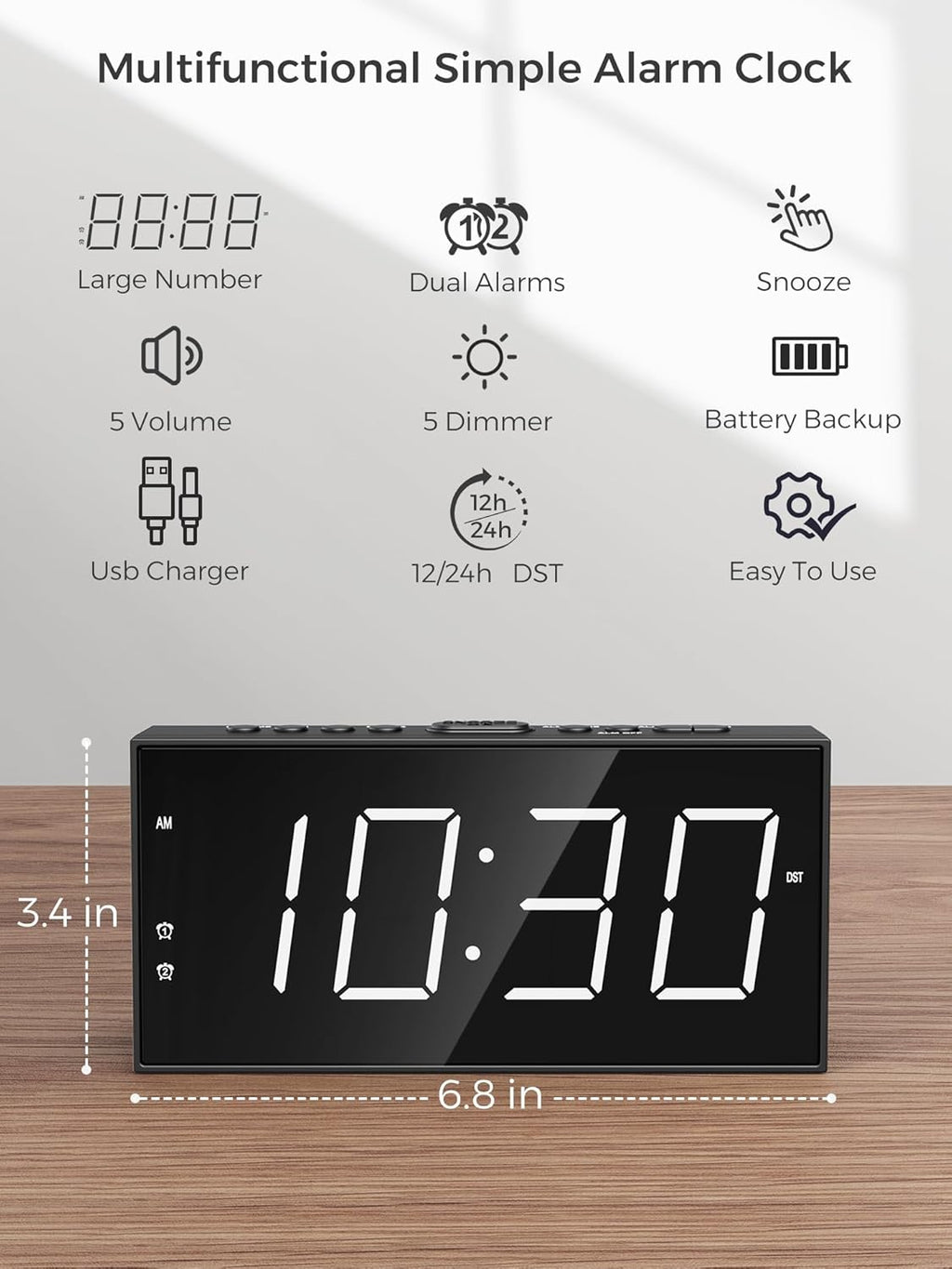 Alarm Clock for Bedroom, 2 Alarms Loud LED Big Display Plug in Simple Basic Digital Clock with USB Charging Port, Adjustable Volume, Dimmable, Snooze for Deep Sleepers Kids Elderly Home Office