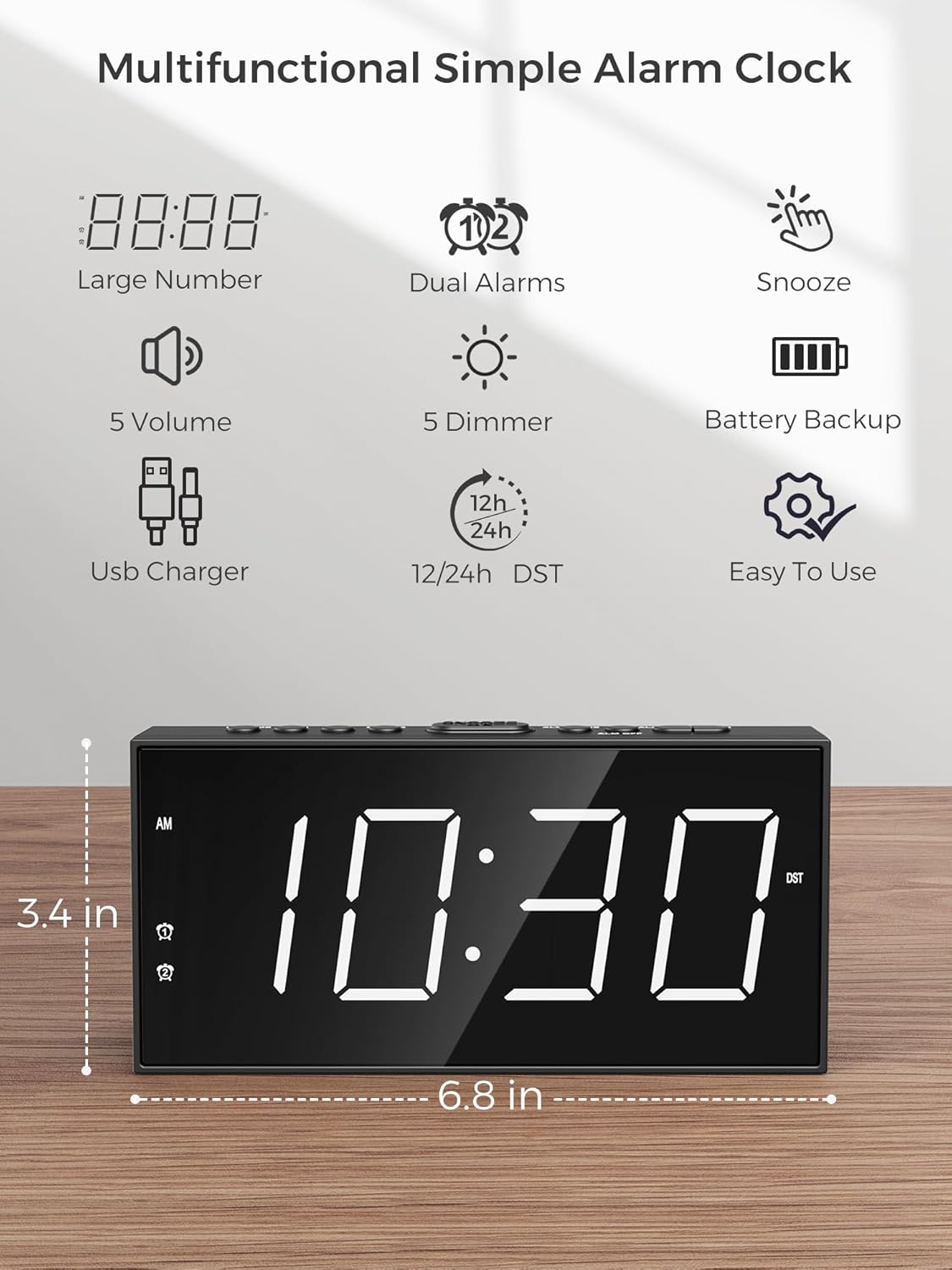 Alarm Clock for Bedroom, 2 Alarms Loud LED Big Display Plug in Simple Basic Digital Clock with USB Charging Port, Adjustable Volume, Dimmable, Snooze for Deep Sleepers Kids Elderly Home Office