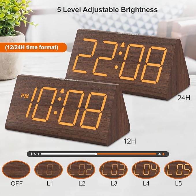 Wooden Digital Alarm Clocks for Bedrooms - Electric Desk Clock with Large Numbers, USB Port, Loud Alarm for Heavy Sleepers, Adjustable Volume, Dimmer, Snooze, DST, Wood Décor, Adapter Powered