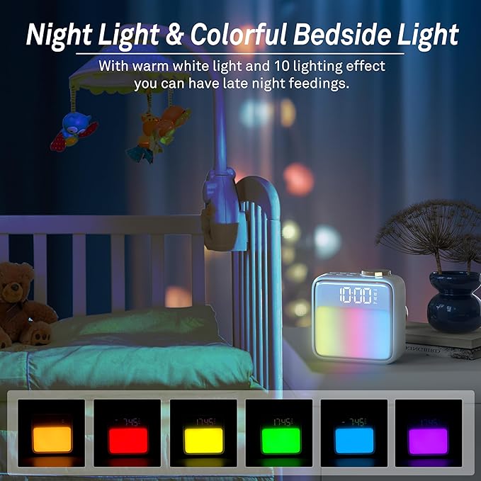 Alarm Clock Night Lights, Built-in Battery Alarm Clock for Bedrooms, 6 Scenes & White Noise Sync, Dual Alarms & Snooze, for Heavy Sleepers, Gifts for Kids Teens